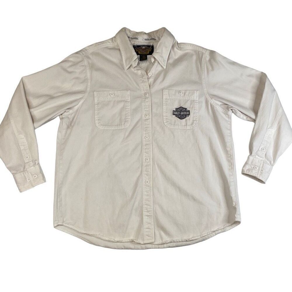 Harley Davidson Long Sleeve Off White Denim Button Up Collar Shirt Women 1W READ